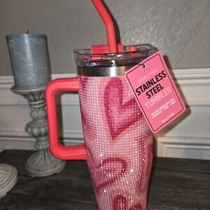 Pink Heart Stainless Steel Tumbler with Straw